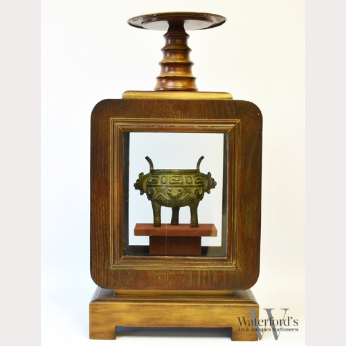 A Chinese Bronze Li Vessel in Wood Case