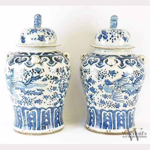 Late Qing Chinese Blue and White Covered Urns