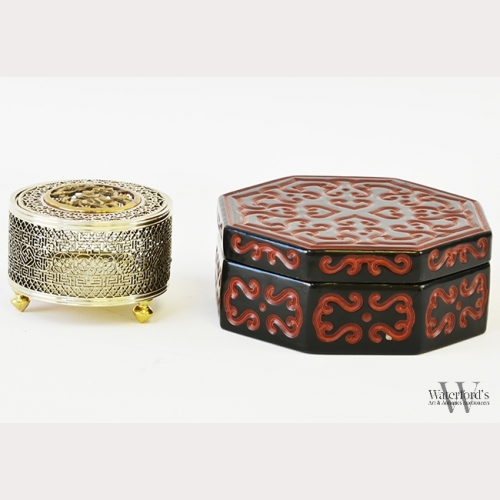 An Asian Lacquered Box and Pierced Metal Censer