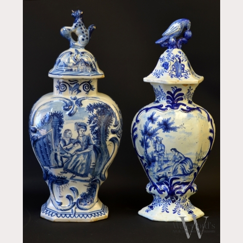 A Pair of Delft Ware Covered Vases
