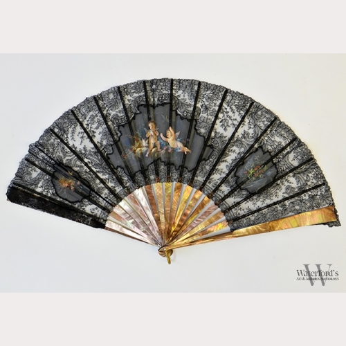 An Antique French Painted Lace and Pearl Fan