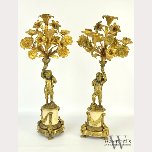 Pair of Continental Gilt & Marble Candlesticks
