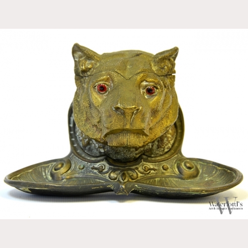A Continental Bronze Tiger Head Pen Rest