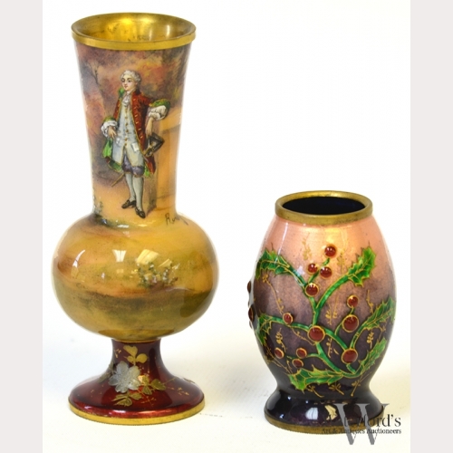 A Pair of French Enameled Brass Vases