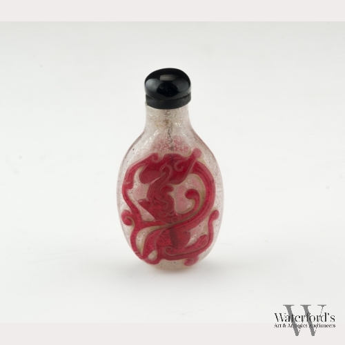 A Ruby-Red Overlay Snowflake Glass Dragon Snuff Botle