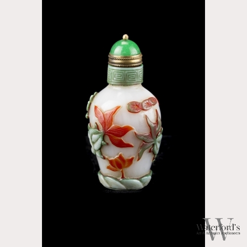 A Peking Glass Overlay Aquatic Theme Snuff Bottle