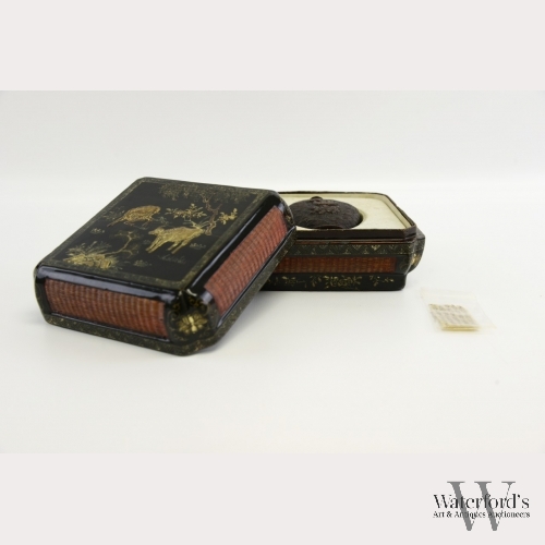 A Carved Horn Snuff Bottle and Lacquer Box