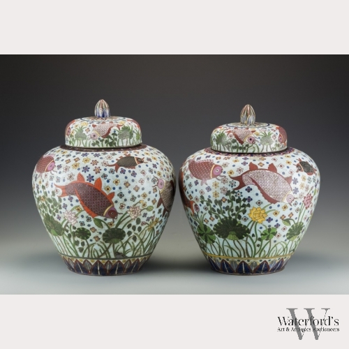 A Chinese Pair of Large Aquatic Themed Cloisonne Jars