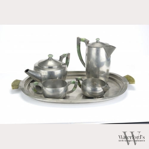 A Chinese Pewter Tea Set with Jade Handles