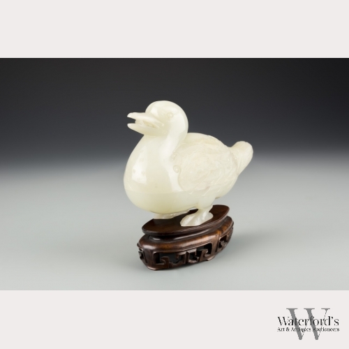 A Chinese White Jade Duck Censer with Stand, 18th Century