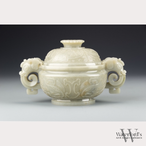 A Chinese Grayish-White Jade Lidded Censer