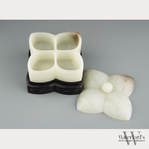 A Chinese Mughal White Jade Quatrefoil Spice Box