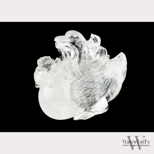 A Large Carved Crystal Duck with Lotus