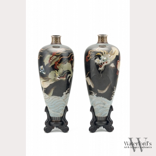 Namikawa Yasuyuki (1845-1927) Pair of Cloisonne Dragon Vases