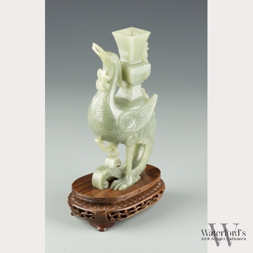 A Chinese Jade Carving of a Crane and a Vase