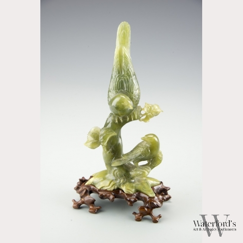 A Chinese Spinach Jade Carving of Two Birds