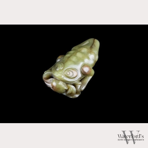 A Chinese Spinach Jade Carving of a Frog