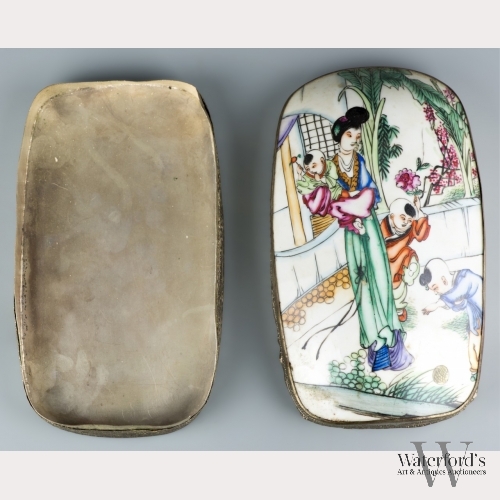 A Silver and Porcelain Chinese Box