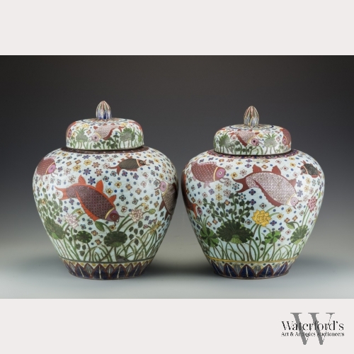 A Chinese Pair of Large Aquatic Cloisonne Jars