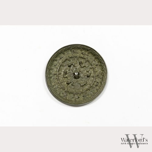 A Large Chinese Bronze Beast and Grape Hand Mirror