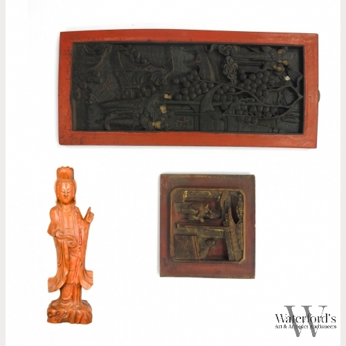 A Set of Chinese Wooden Panels and Guanyin Statue