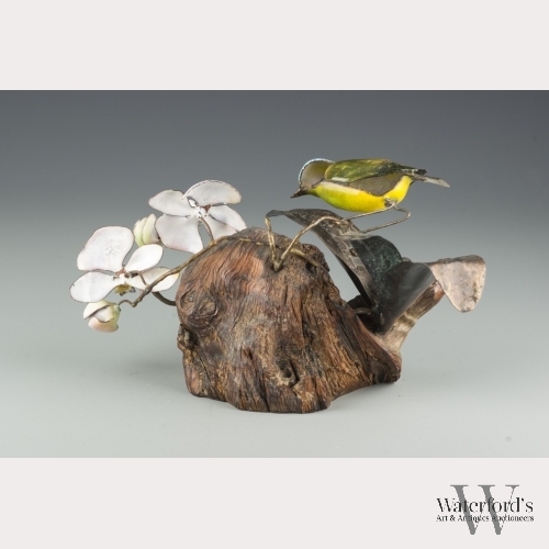 A Brumm Enamel and Wood Bird Sculpture